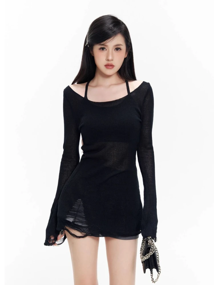 

Черный свитер с отверстиями для женщин, вязаный джемпер, корейский тонкий сексуальный свитер с длинными рукавами Y2k, модные повседневные пуловеры Sueter Mujer