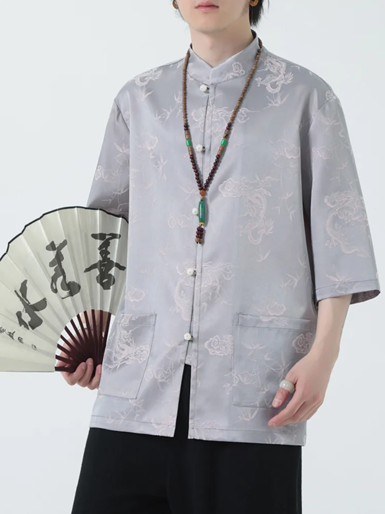 

Loose Fit Ice Silk irt Men's Summer ort Sve Floral Embroidery Button up Hanfu Sle Casual Lightweight Faionable