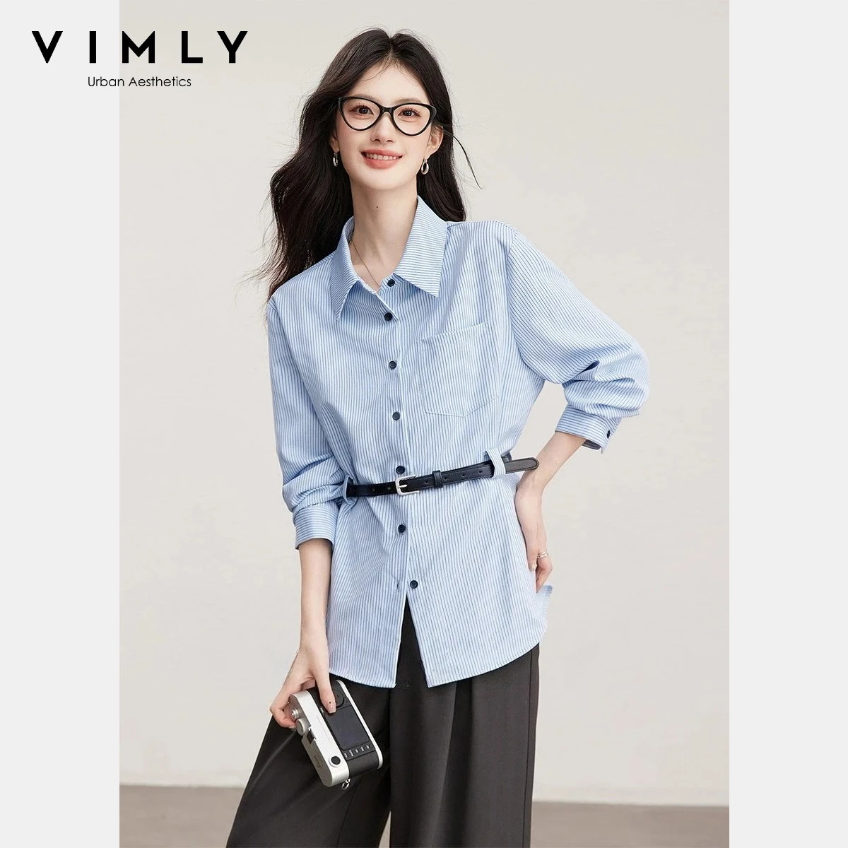 

VIMLY Women's Casual Striped Shirt 2026 Spring New Fashion Lapel Collar Detachable Belt Top Daily Slim Long Sleeve Shirt 30619