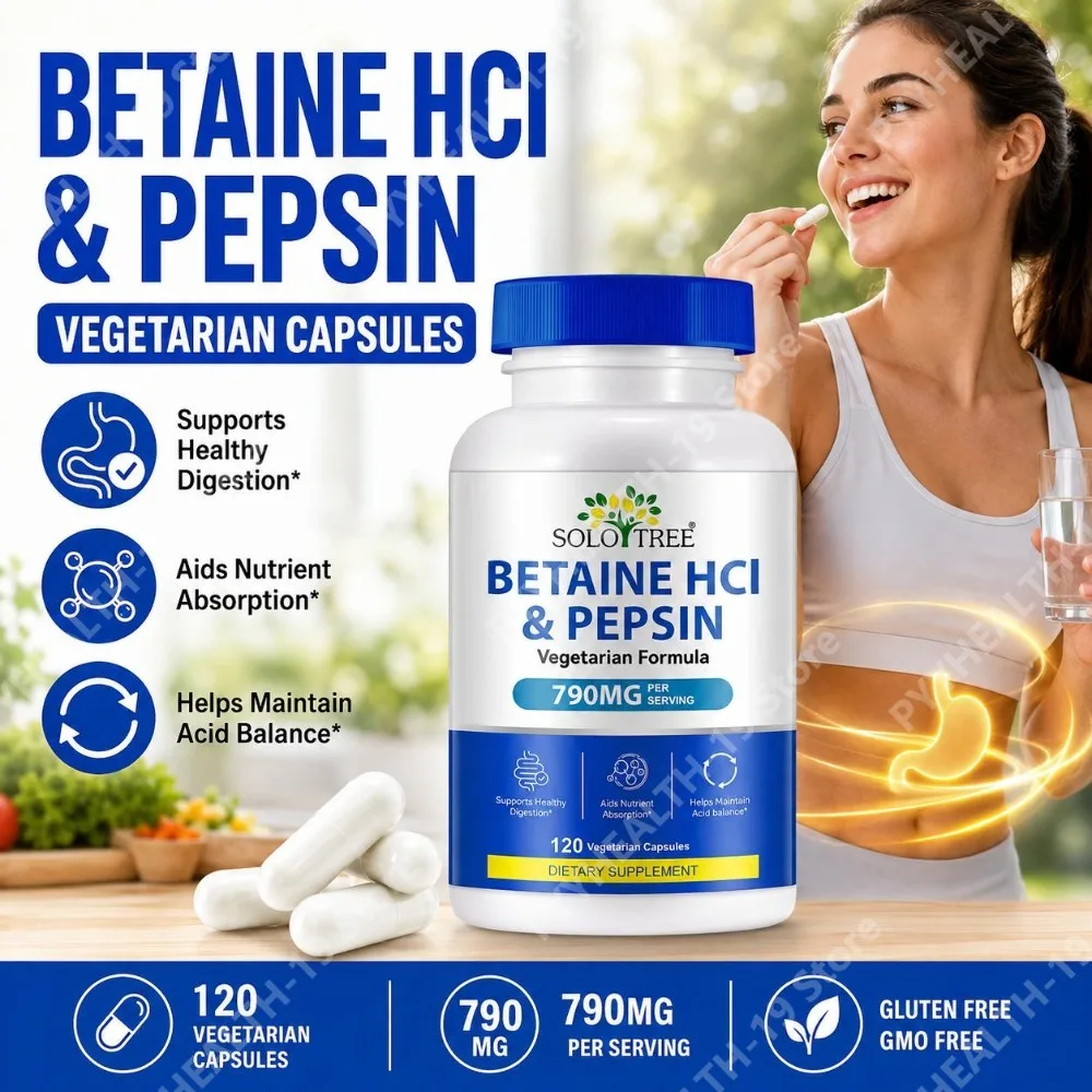 SOLO TREE Betaine HCl Pepsin Capsules 790mg Vegetarian For Digestive Acid Balance & Nutrient Absorption Support Adult 120 Count