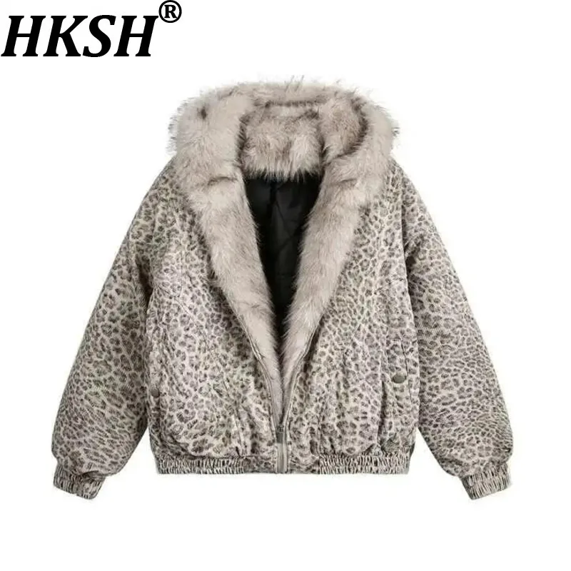

HKSH Niche Design Men Fleece Jackets Hooded Leopard Printed Fur Thick Padded Coats Thermal Contrast Color Male Chic Tops HK13733