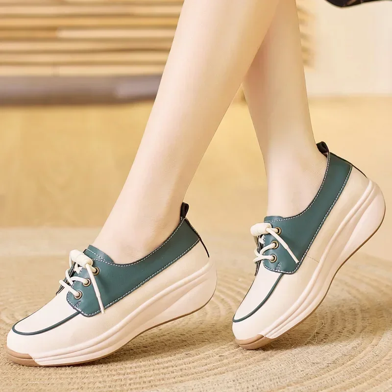 Women Fashion Platform Flats Sneakers  Autumn Breathable Lace Up Wedge Sport Shoes Comfort Soft Leather Travel Casual Shoes