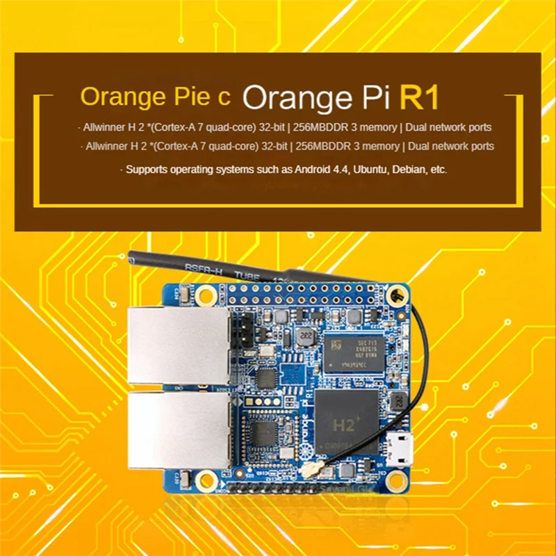 Placa de desenvolvimento para Orange Pi R1, Allwinner H2 + Cortex-A7, Quad-Core, 32 bits, porta de rede dupla, placa única