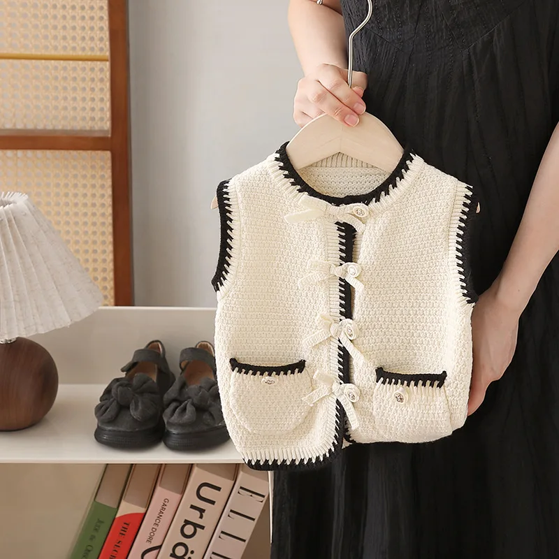 

Korean Version Cardigan for Girls Baby Foreign Style Woven Knitted Vest Infant and Child Wear Tops Autumn Clothing New