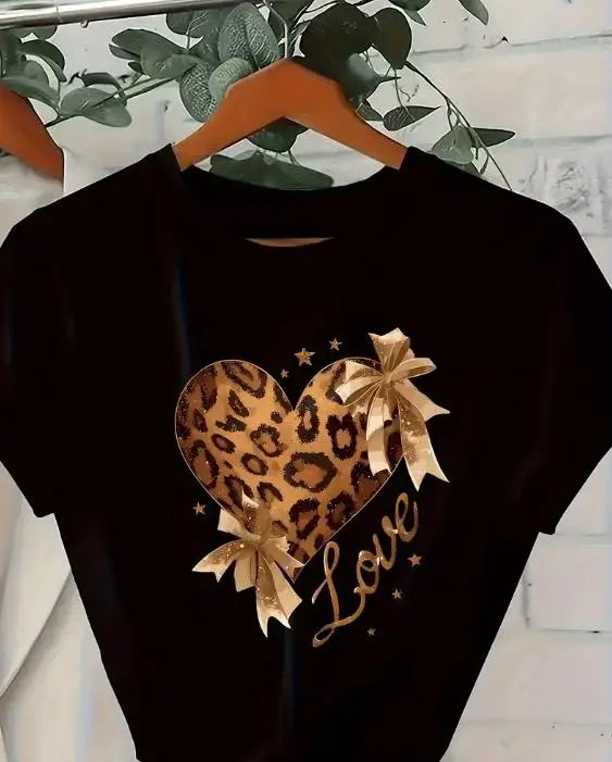 Leopard Print Heart Women T Shirt Golden Bow Ribbon Graphic Printed Plus Size Tops Valentine's Day Shirt Short Sleeve Casual Crewneck Tee