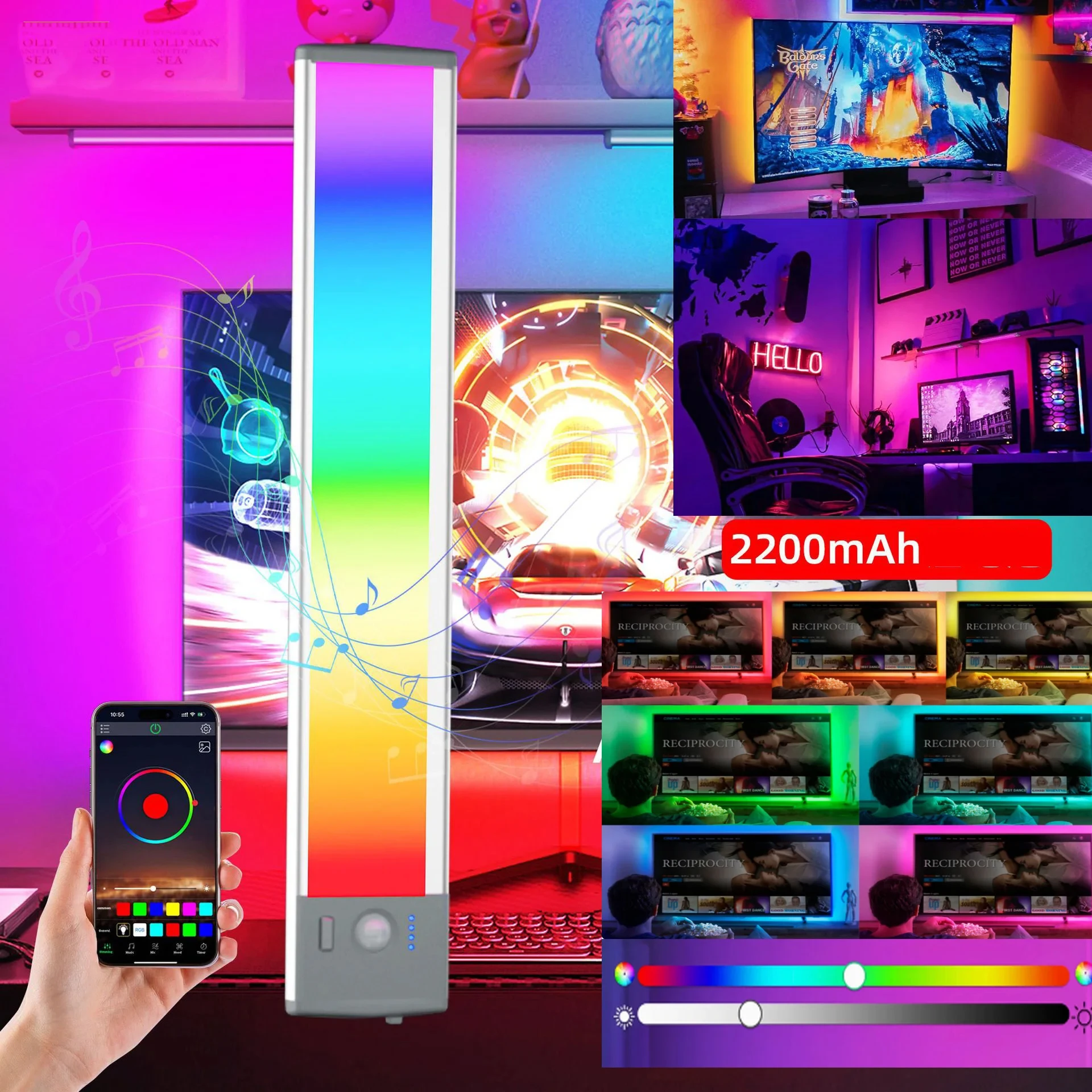 ナイトランプ-モーションセンサー付き-キャビネット照明の下に設置できる充電式ウォールランプ-音楽同期アプリ制御付き-子供部屋用