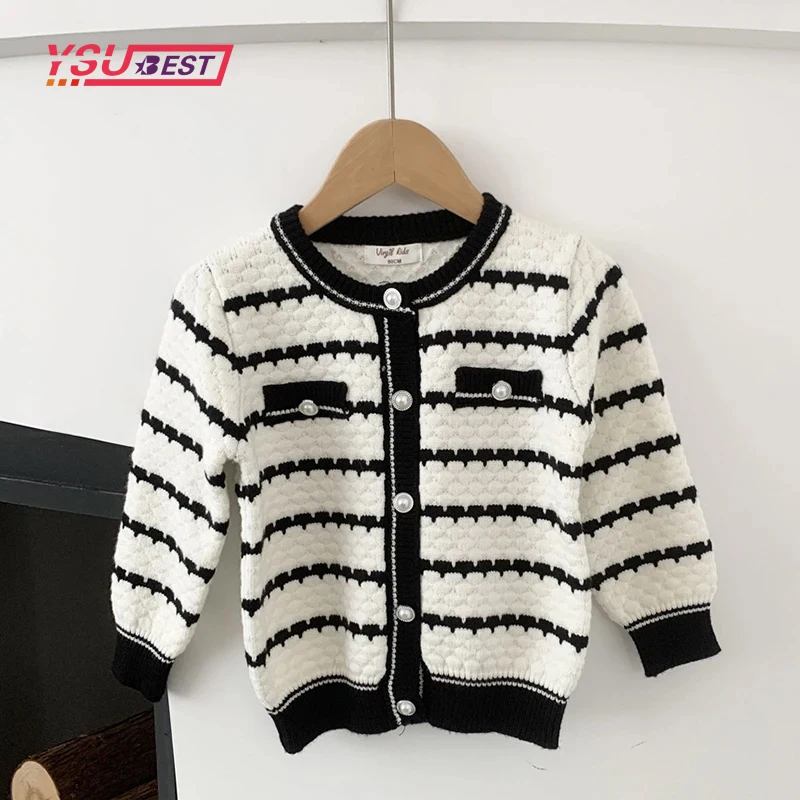 

1-7Yrs Toddler Baby Girls Knitted Cardigan Clothes Autumn Solid O-Neck Stripe Cardigan Winter Thick Kids Knitwear Sweater Coat