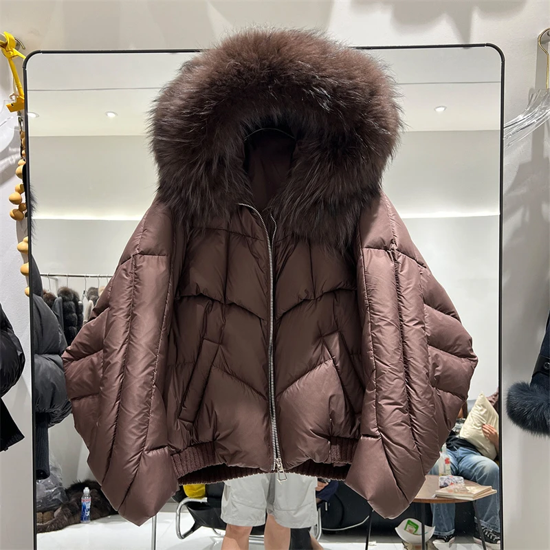 High-quality Winter New Style Thickened and Warm down Jacket with Fox Fur Collar Women's Short Style White Duck down Hooded Coat
