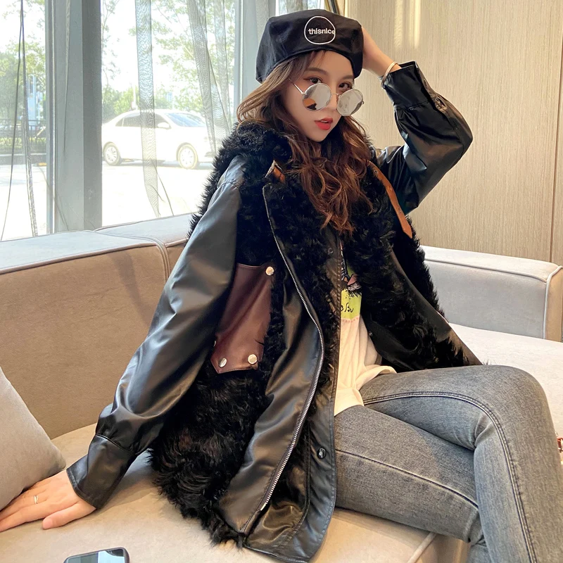 

Autumn And Winter Two Pieces Set Jacket With Vest Pu Coat Female Faux Sheep Curly Fur Fashion Vest Black Gothic Fashion Girls
