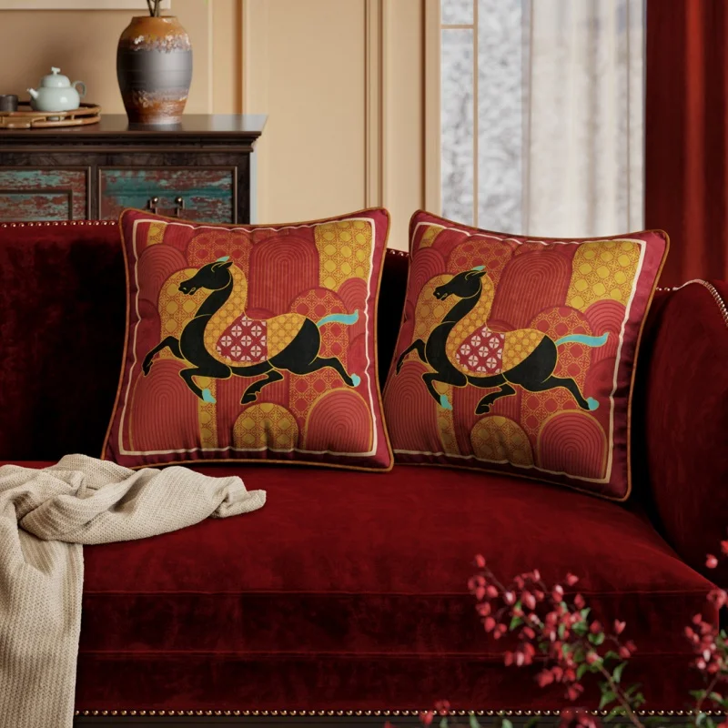 Chinese Colorful Horse Print Pillow Cover | Luxury Velvet Cushion Case with Geometric Pattern | Vibrant Retro Red Blue Sofa Deco