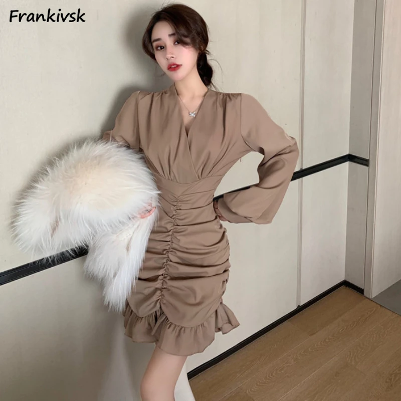 

Slim Dresses Women Lantern Sleeve Maillard Spring Autumn Asymmetrical Office Lady Formal Ins All-match Aesthetic V-neck Retro