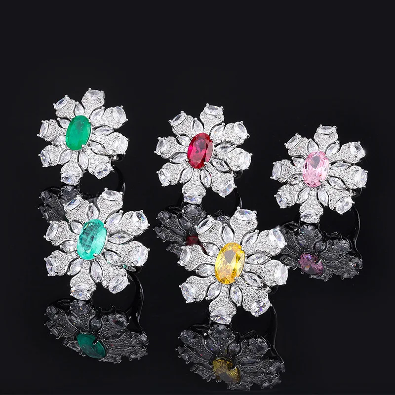 

New Style Ring Jewelry Colorful Gemstone Zircon Exaggerated Flower Emerald Fashion High-end Women's Wholesale