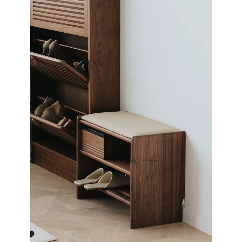 Wuying مصبغة تغيير الأحذية البراز عند باب المنزل الشمال الجوز الأسود الخشب الصلب باب الدخول رف الأحذية يمكن الجلوس على الحذاء