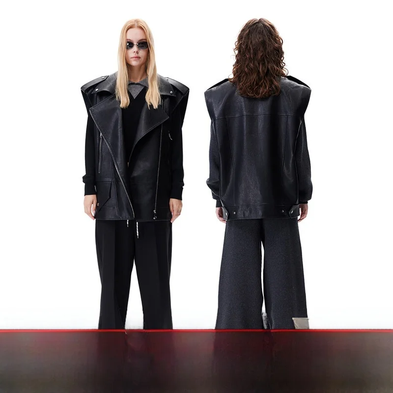 

Loala Office Original Design Bla Cool Silhouette oulder Pad Motorcycle Vest Faionable Women's Outerwear Polyester Blend