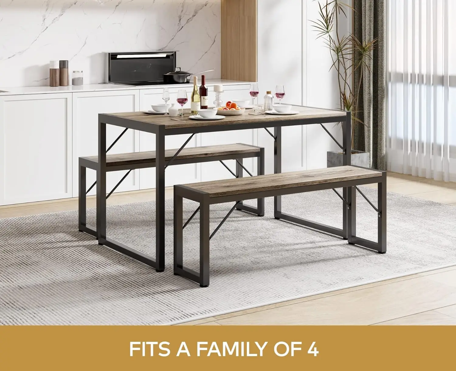 Juego de mesa de comedor de 45,5" para 4, juego de mesa de cocina con 2 bancos, juego de mesa de comedor con estructura de metal y tablero de MDF,