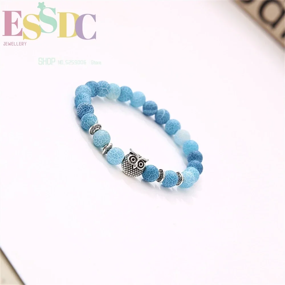 Natural Weathered Stone Blue Bracelet Charm 8mm Tibetan Silver Owl Handmade Make Jevelry Beaded Stylish and Simple Boutique