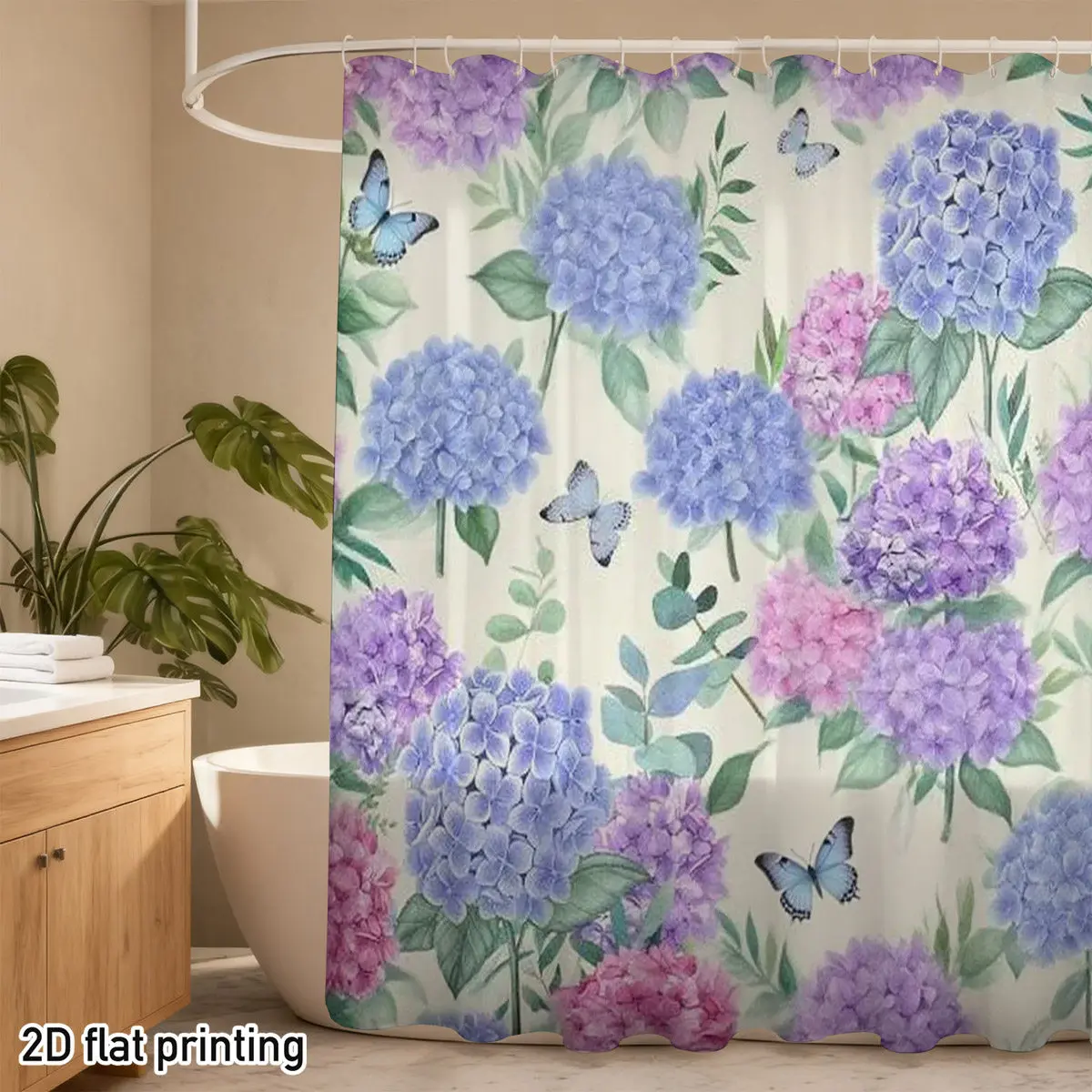 

Shower Curtain Polyester Hydrangea Flowers Blue Butterflies 2D Flat Printing Waterproof Grommet Top Spring Floral Bathroom Decor
