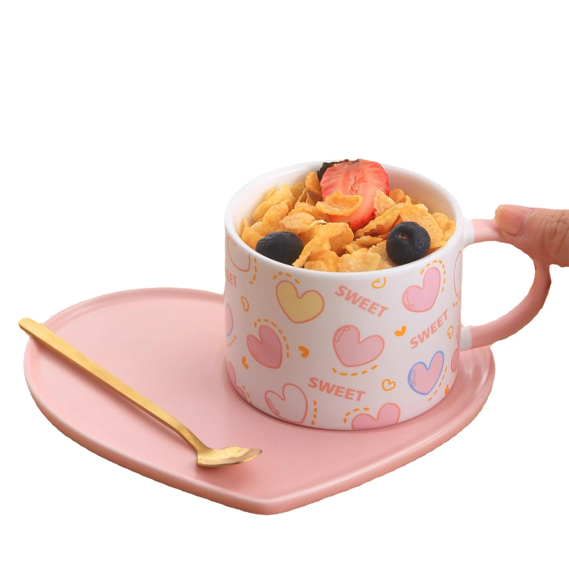 Pink Cute Ceramic Coffee Cup Saucer Sets Love Heart Style Plate With Spoon Couple Pair Cup And Dish Set Home Office Coffee Cup