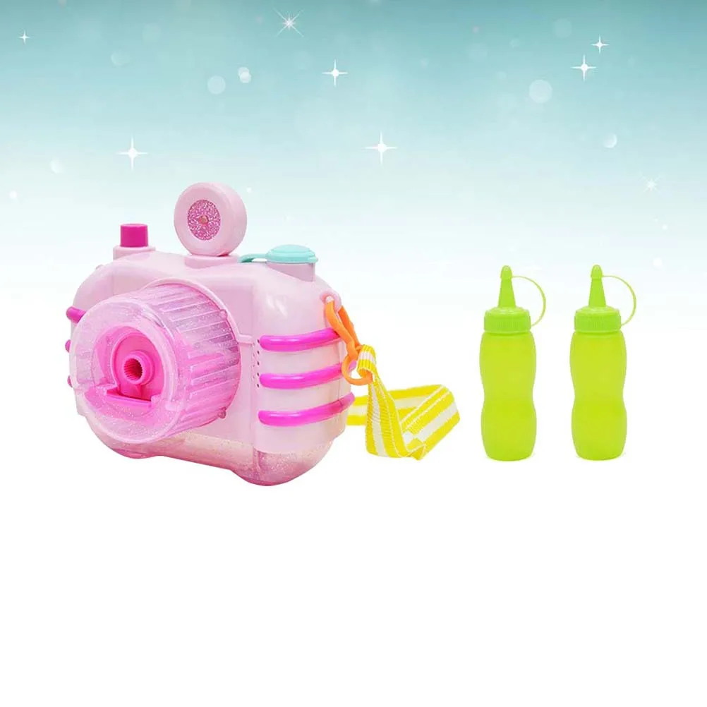 Fabricante de bolhas com design de câmera automático com música leve 2 garrafas rosa para festa infantil sem fabricante de bolhas