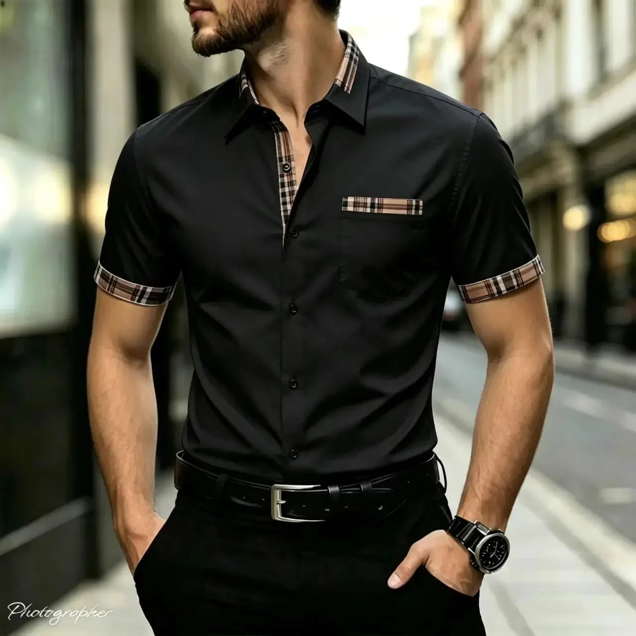 Hot Sale Premium Men's Slim Fit Button Down Short Sleeved Checkered Pocket Shirt – Business Casual Office Formal Fashion
