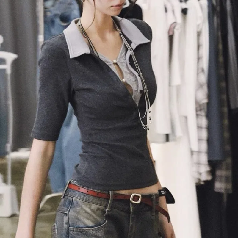 

Американские ретро лоскутные блузки из двух предметов, лето 2021, рубашки с лацканами и воротником, женские рубашки Y2k, облегающие рубашки с короткими рукавами, Blusas Mujer