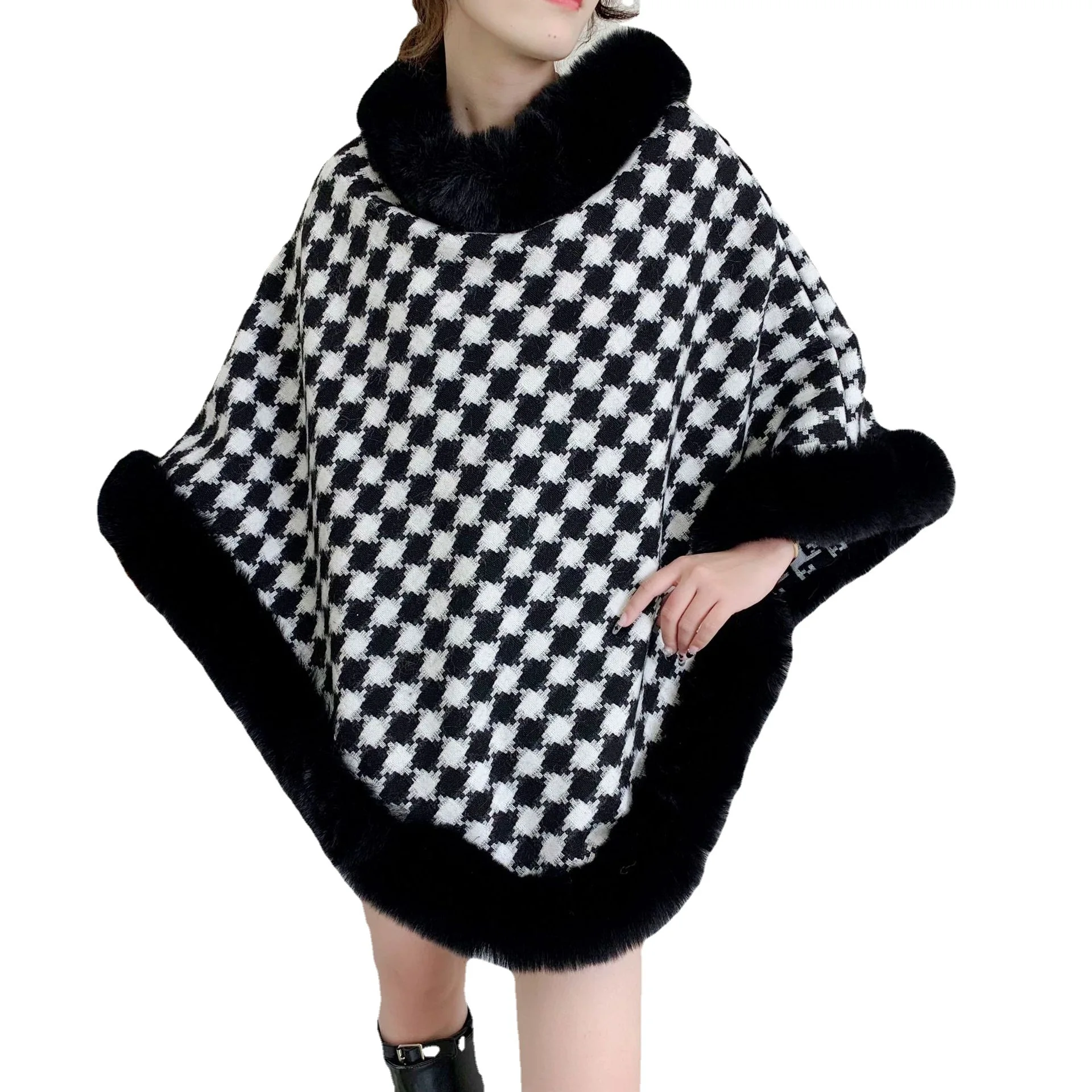 4 Colors Two Side Knitwear Winter Warm Faux Rabbit Fur Neck Plaid Cloak Women Loose Poncho Outdoor Street Pullover Knitwear