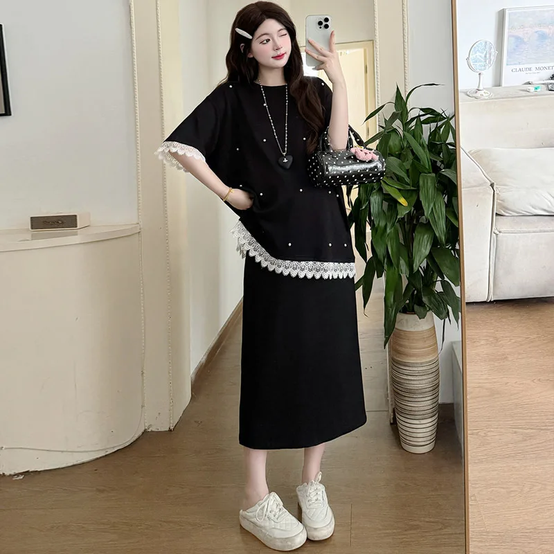 Abito estivo incinta 2025 Nuovo design estivo Set mezza gonna casual con giunture in pizzo