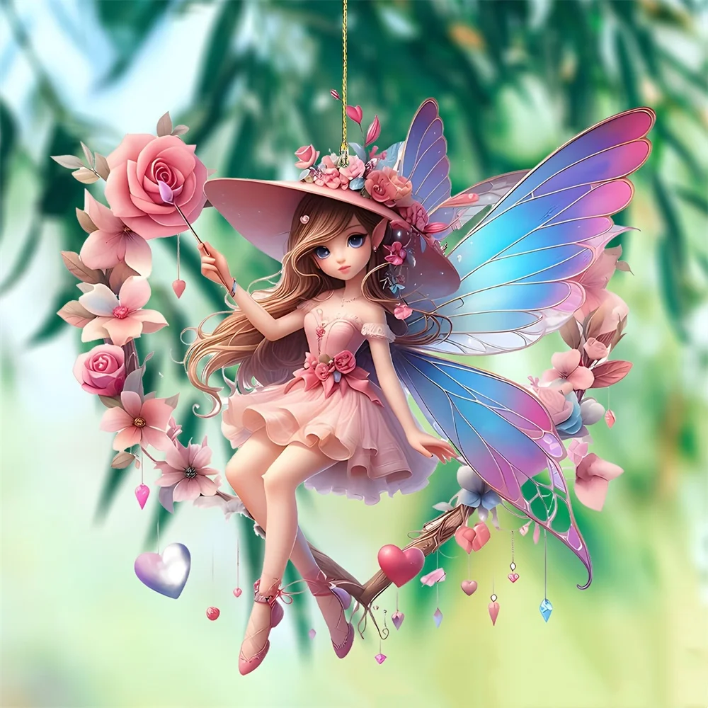 Acrylic Flat Green Dress Fairy Pink Butterfly Fairy Car Decoration Shoulder Bag Handbag Ladies Bag Pendant Spring Home Decoratio