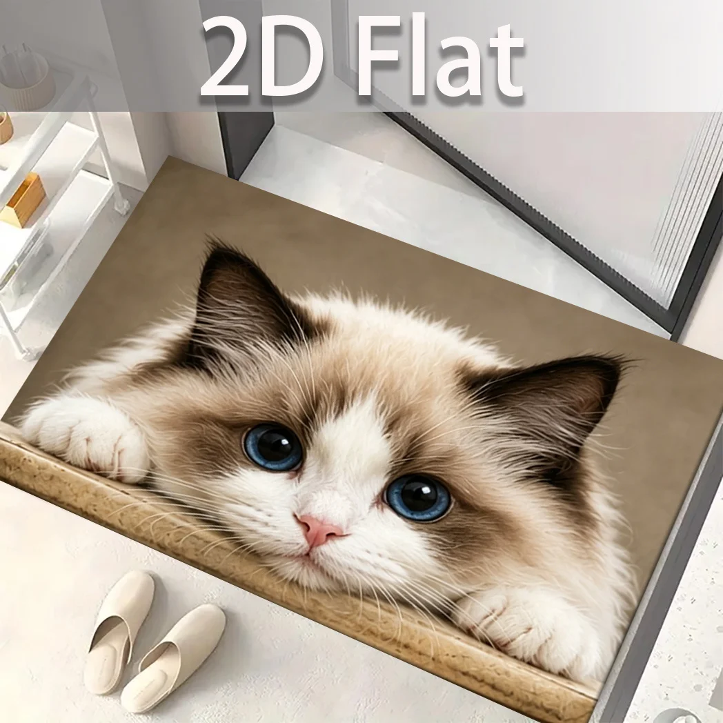 Ragdoll Cat Face Blue Eye Welcome Rug Beige Background Fluffy Fur Detail Print Non Slip  Floor Mat For Pet Lover Home Decor