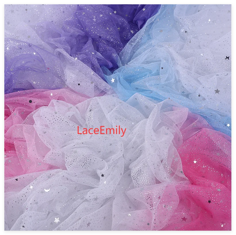 

Gradient Shiny Bronzed Star Moon Lace Fabric Sequin Mesh tulle For Girls Dress Dolls Cloth 1 yard