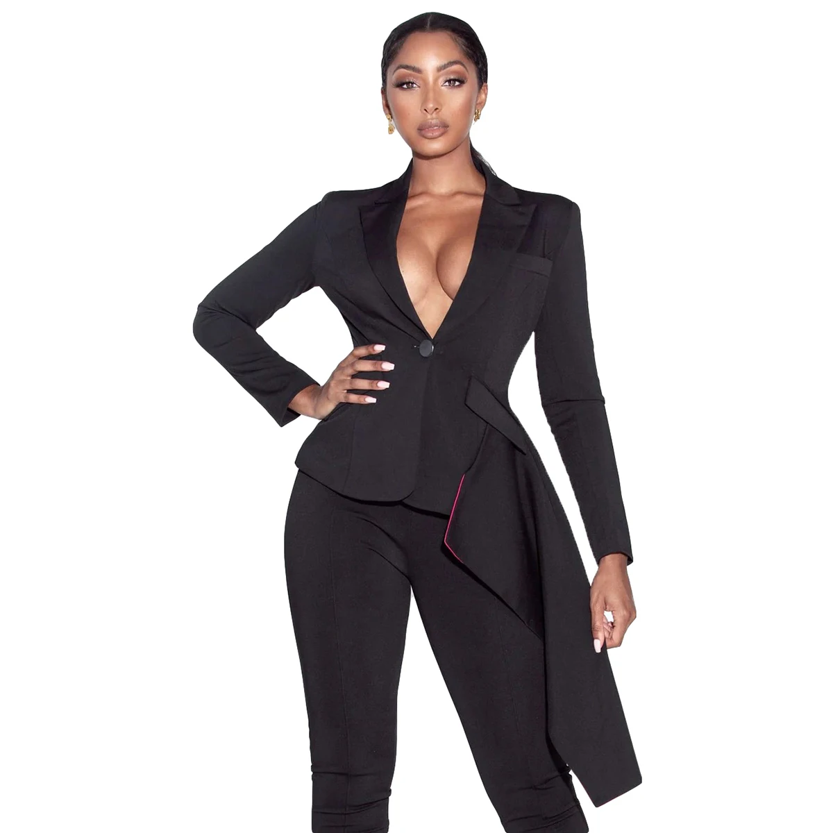 ชุดสูทผู้หญิง ชุดราตรี สง่างาม แจ็คเก็ตติดกระดุมเม็ดเดียว ยาวคลุมหลัง กางเกงขายาว สำหรับผู้หญิง ชุดสูท 2 ชิ้น แขนยาว รับตัดตามสั่ง