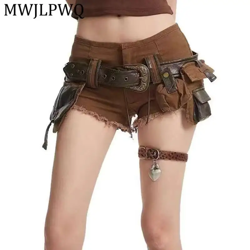

MWJLPWQ Brown Raw Hem Denim Hot Short Multi Pocket Utility Leather Belt Y2k Cowboy Vintage Street Slim Casual Bottom Fit 16983