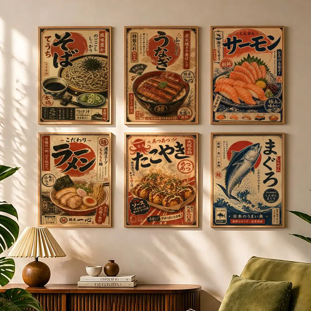 Vintage Japanese Fish Sushi Lamian Noodle Calligraphy Canvas Poster Bedroom Living Room Bar Hallway House Interior Wall Decor