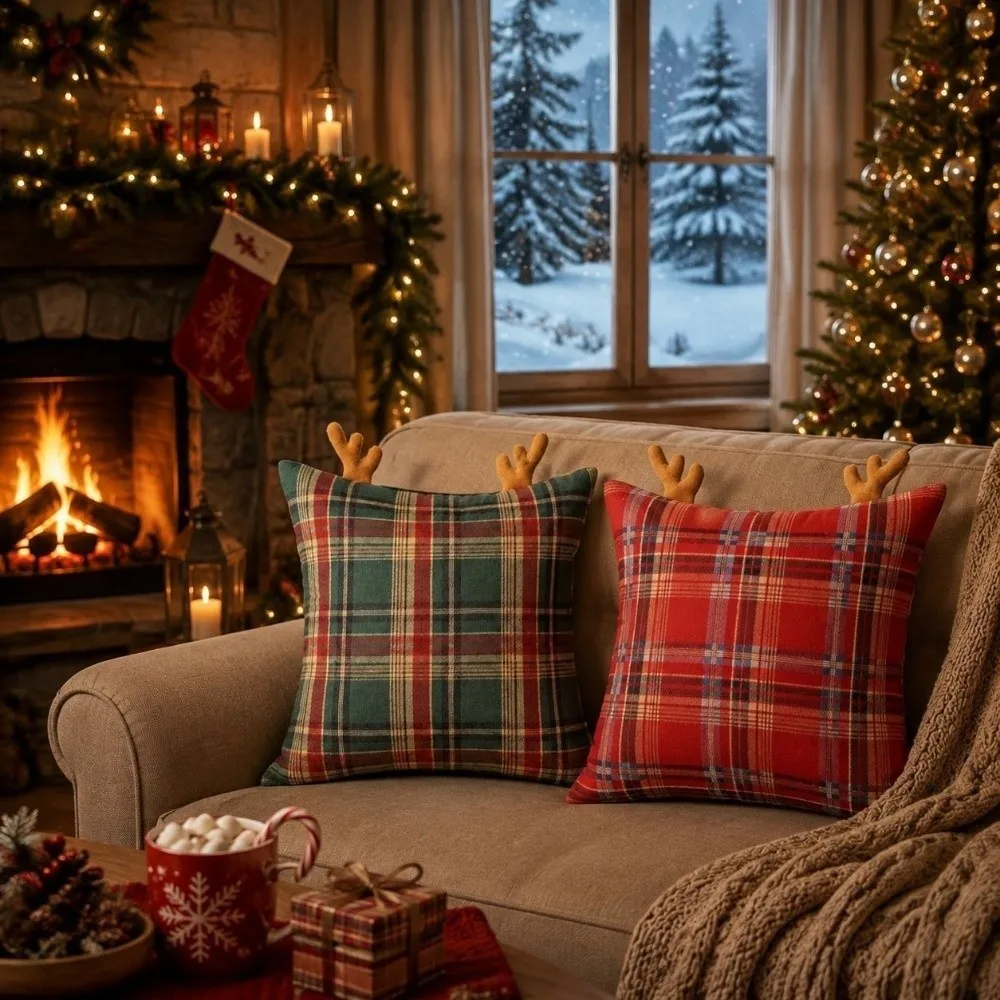 Square Christmas Pillowcases Soft Retro Checkered Antlers Pillow Cover Sofa Home Decor Cozy Throw Pillow Case Christmas Decor