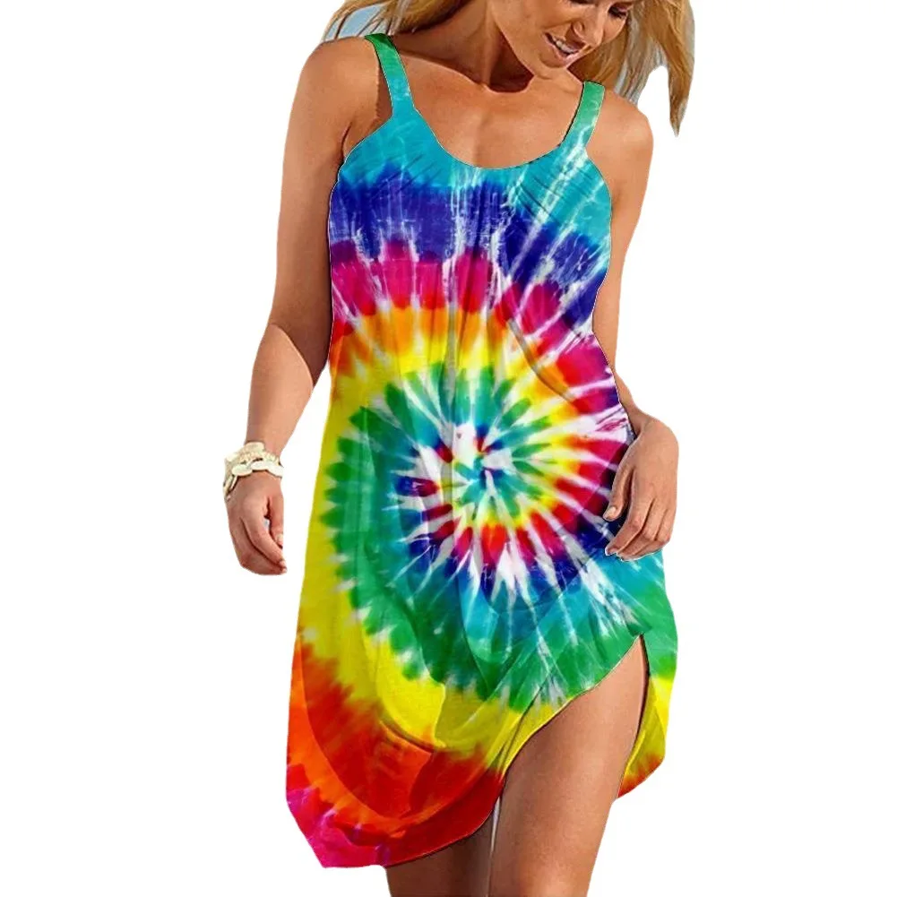 

Summer nightdress 3D printing Tie dye dazzling foreign trade urban women's casual gradient color halters sleeveless beach dress