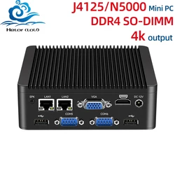Helorpc Fanless Mini PC In-tel J4125 2x GbE LAN 6x COM RS232 RS485 6x USB GPIO SIM Slot Support 4G LTE Windows Ubuntu Computer