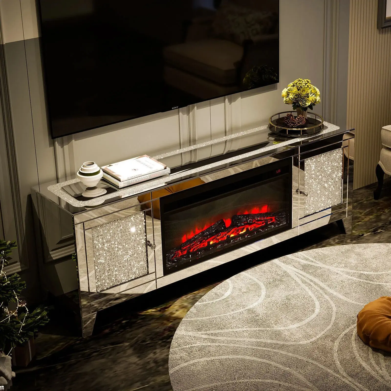Luxury 59 inch silver mirror fireplace TV cabinet with double doors RGB multi-color adjustable fireplace flame