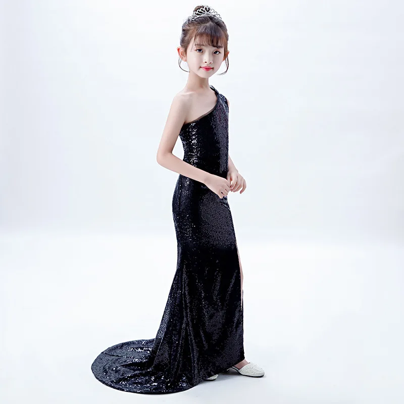 2-14 Yrs Child Girl Sequin Mermaid Dress Black Formal Prom Evening Dresses Long Luxury 2022 Celebrity Party and Wedding Cocktail