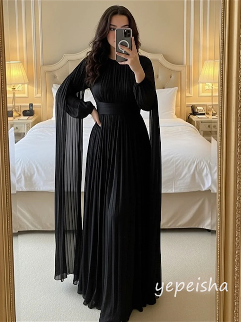 Personalizado estilo moderno gasa plisado acanalado chal drapeado una línea cuello redondo vestidos largos vestidos de noche tamaños modestos disponibles