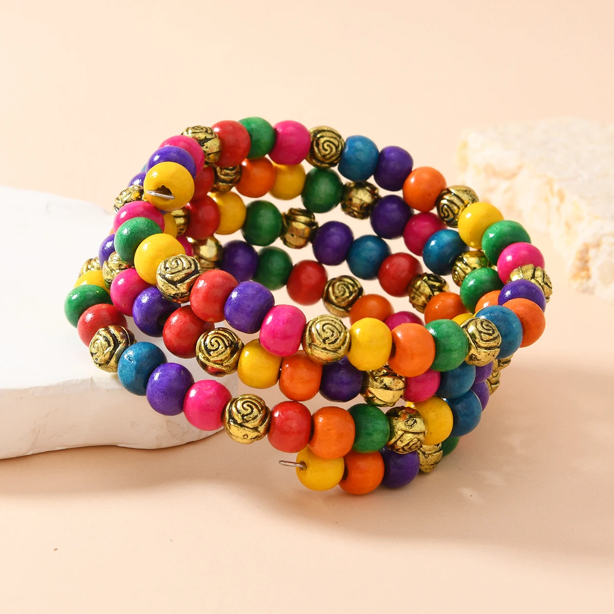 النمط الأفريقي البوهيمي خمر العرقية متعدد الطبقات اليدوية الملونة خشبية حبة سوار للنساء الملحقات اليومية #2