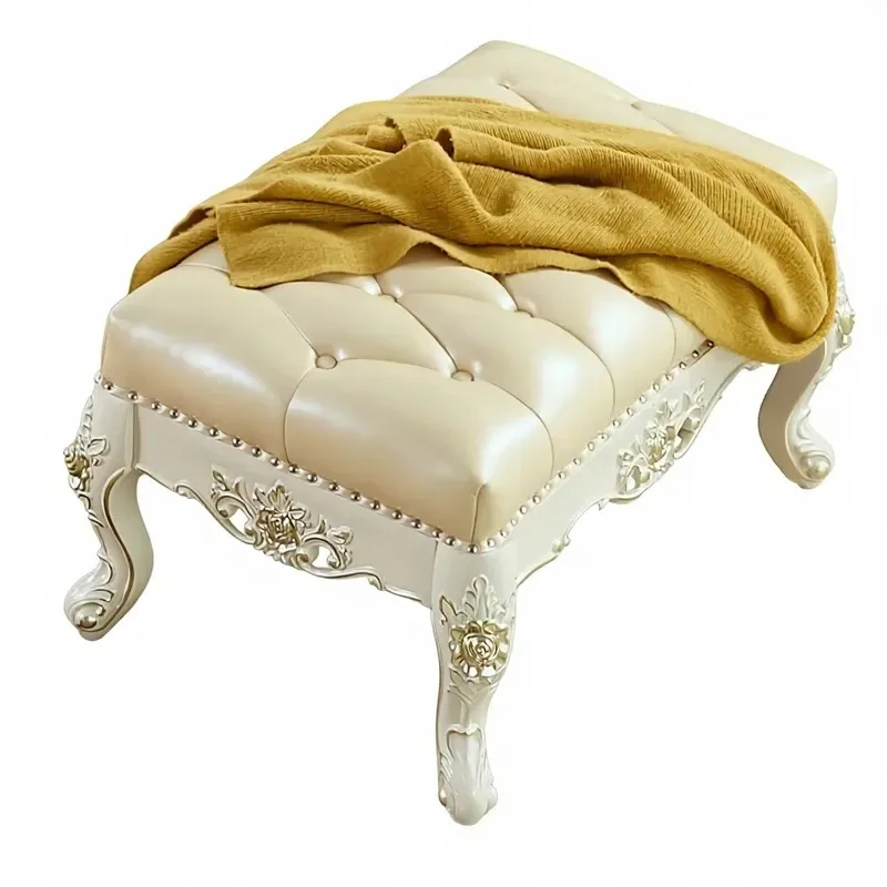 European Solid Wood Carved Flower Bench Ottoman Leather Upholstered White Shoe Changing Stool Bedroom End Stool Model 901