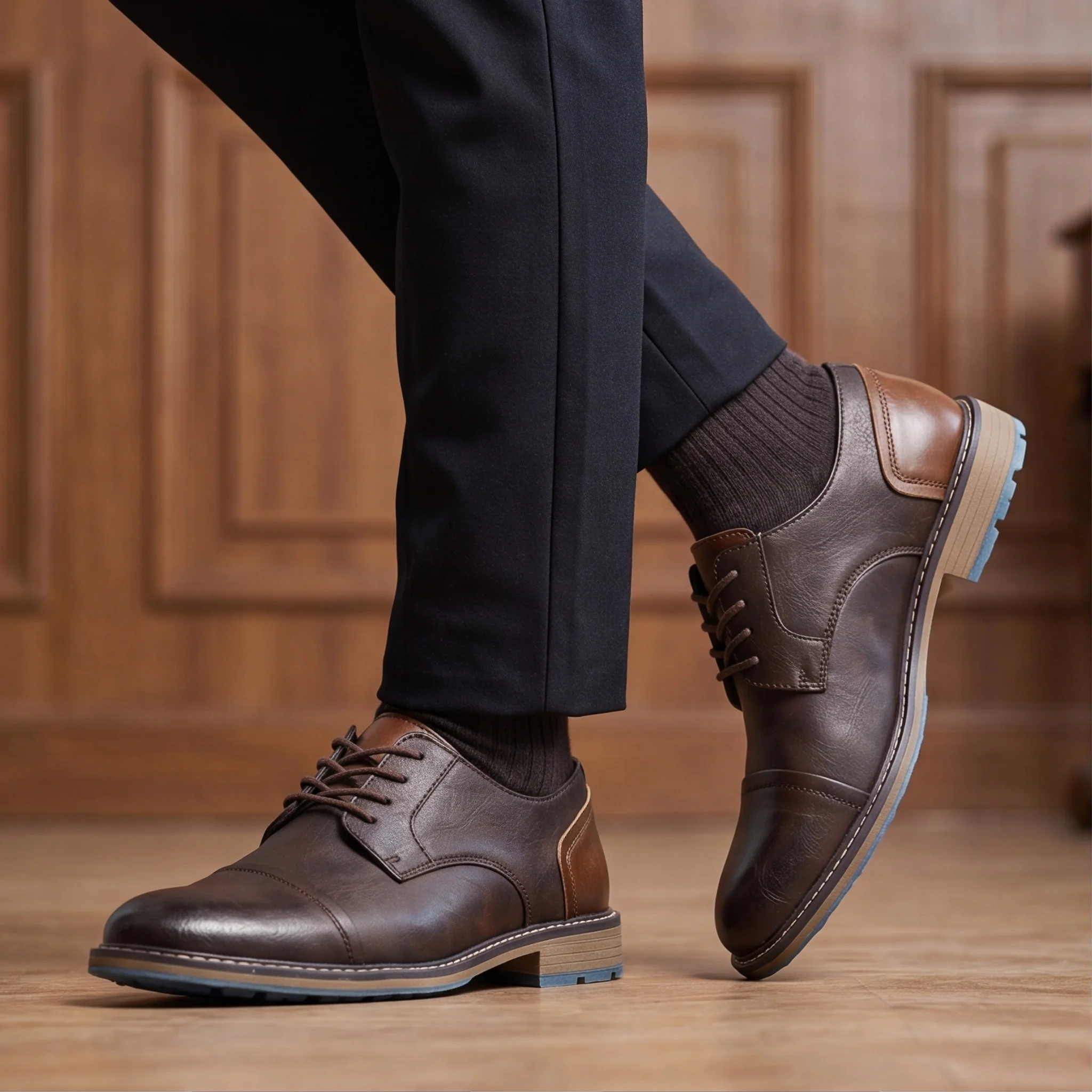 Herrenschuhe mit blauer Außensohle, Akzent-Schuhe für Männer, Business-Büro-Stil, Herrenschuhe mit Cap-Toe, Derby, zweifarbiges Design. – Detail 1
