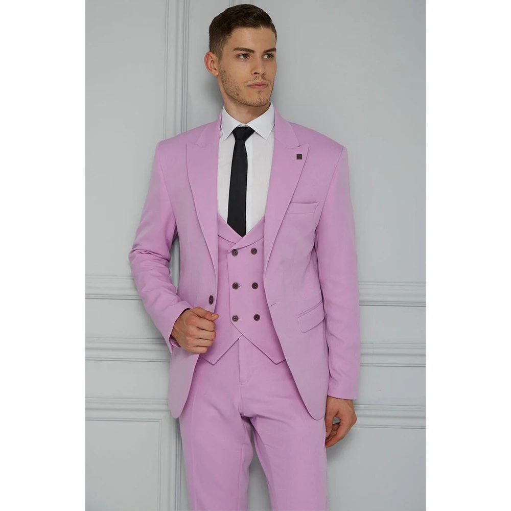 

Elegant Pink Slim Men's Suit 3 Pieces Single Breasted Peak Lapel Set Daily Fashion Male（Blazer+Pants+Vest）