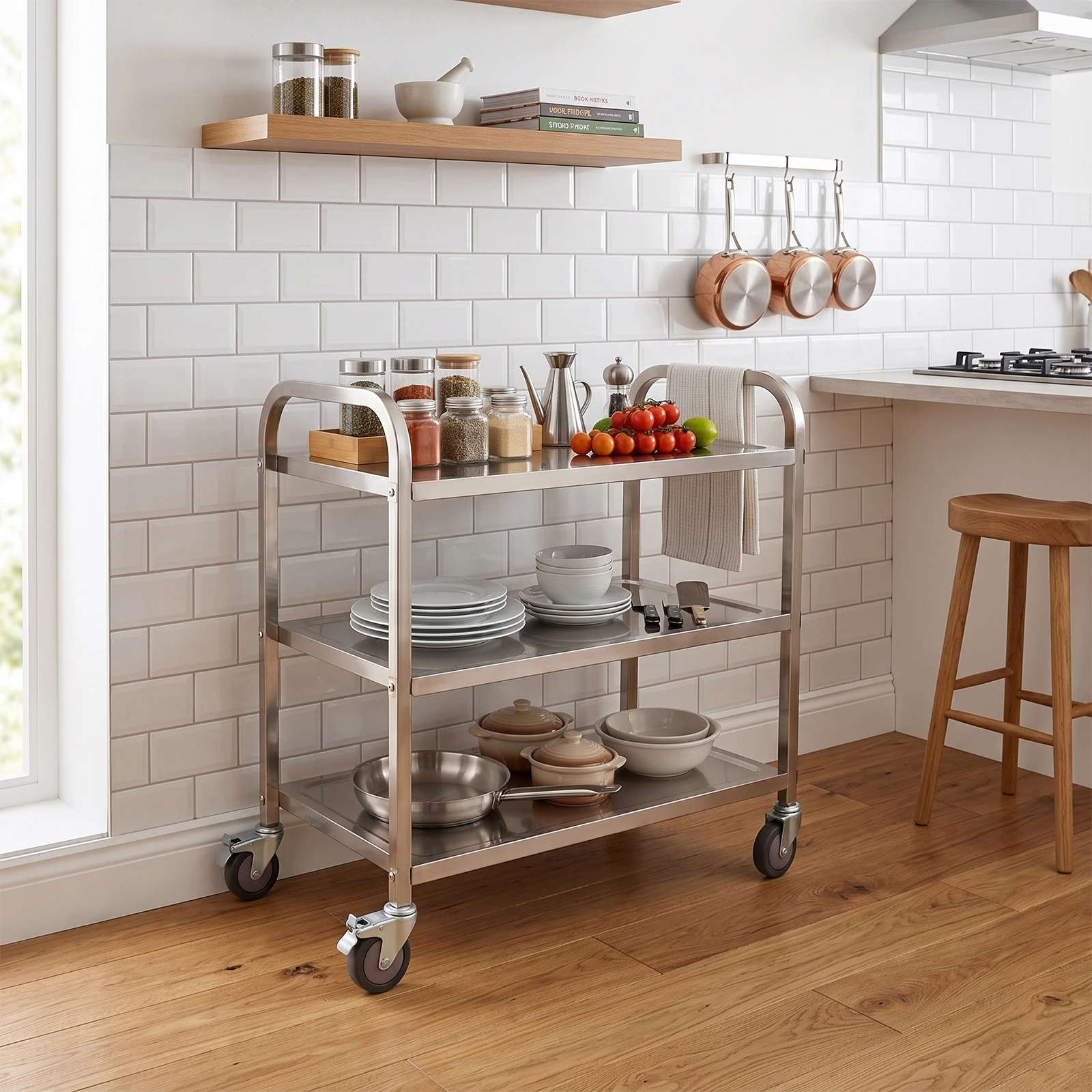 Edelstahl-Servierwagen für die Küche, 3 Etagen, 85 x 45 x 90 cm, mit 4 Universalrollen, Restaurantwagen zur Aufbewahrung und Organisation. – Detail 3