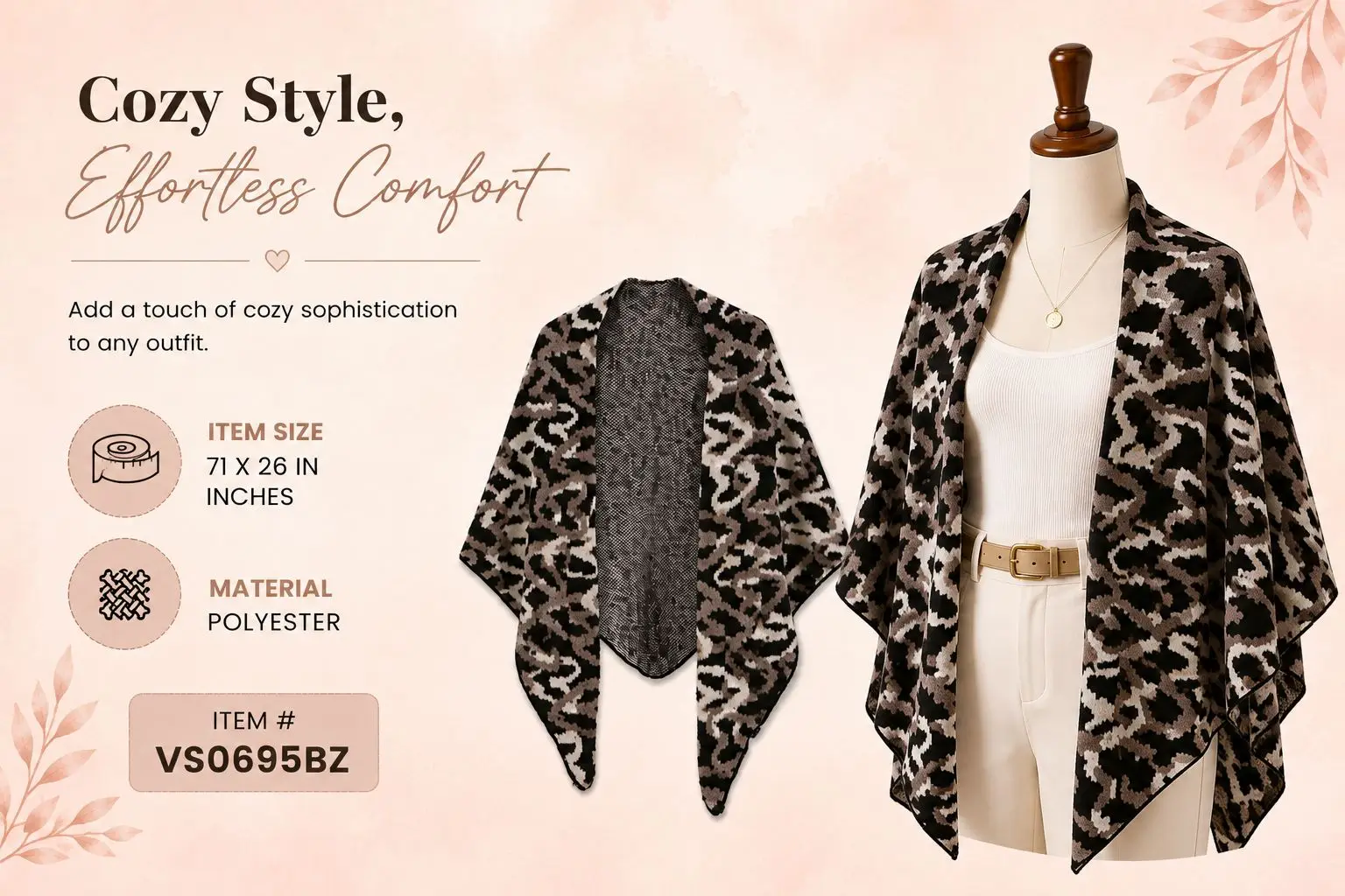 Women Black Brown Leopard Shawl Wrap Open Front Polyester Poncho Cape Warm Fashion Fall Winter Outerwear Scarf