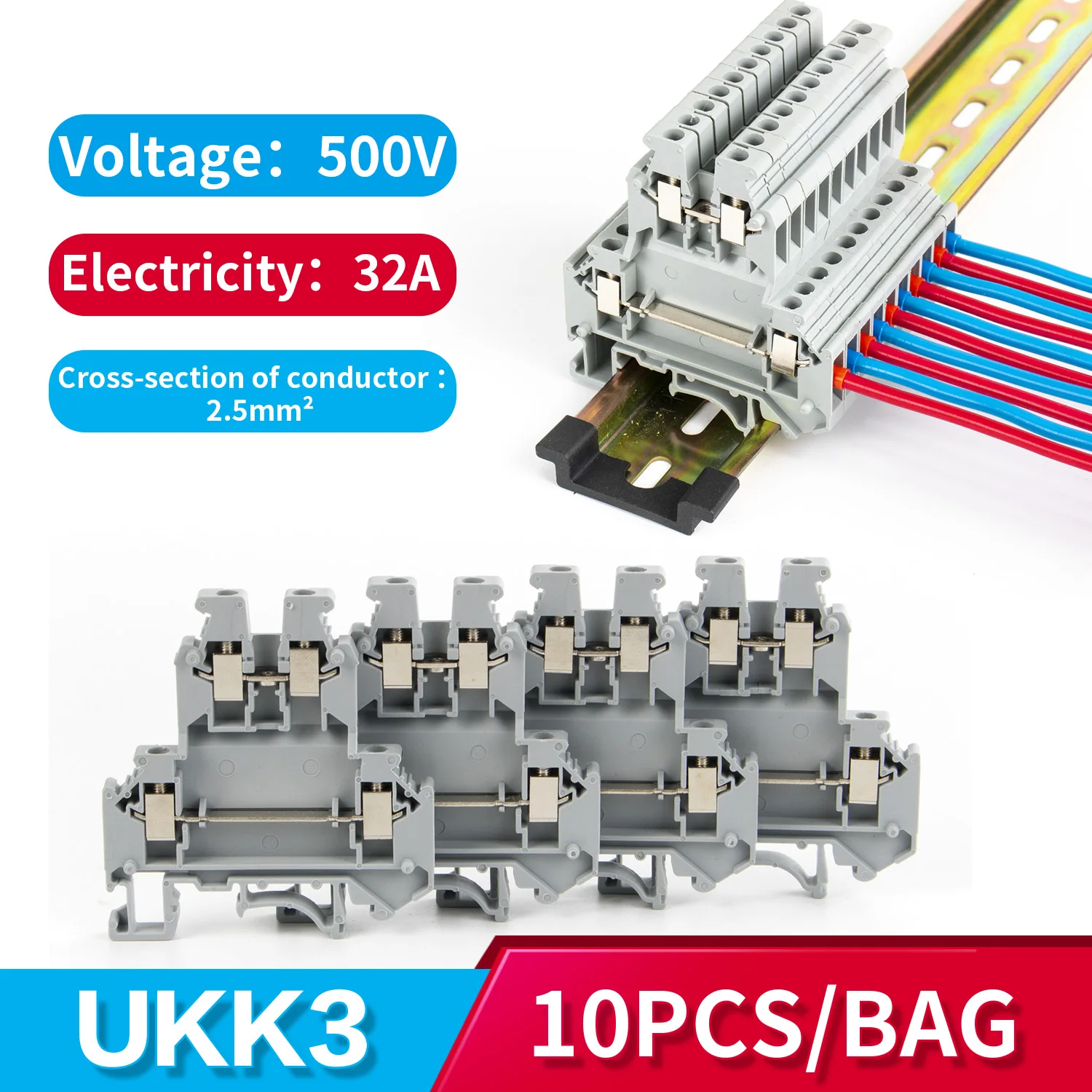 Guide rail type Double layer connection Terminal board copper UKK3 10pcs universal terminals for electric cables 2.5mm 500V 32A