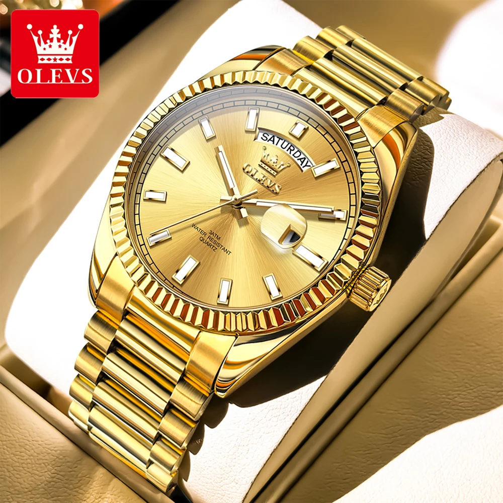 

OLEVS Luxury Fashion Men's Watches Top Brand Fine Steel Strap Threaded Bezel Original Quartz Wristwatch for Man Waterproof Date
