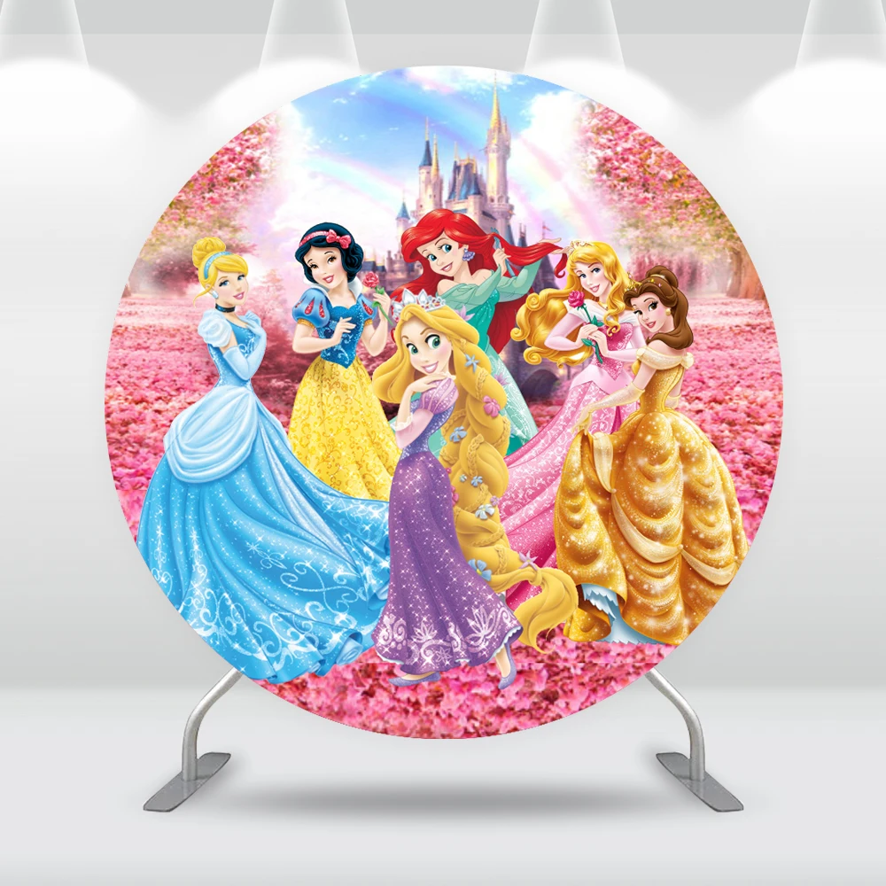 

Princess Tangled Cinderella Round Backdrop Cover for Girl Birthday Party Decoration Castle Newborn baby Shower Circle Background