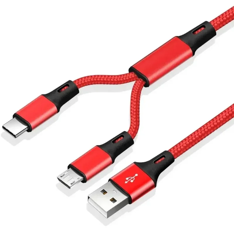 2 In 1 USB Cable Type C Cables Fast Charge Charger Cable Tablet Phone Charge Cord 2in1 Nylon Braided Mobile Android Wires 1pcs