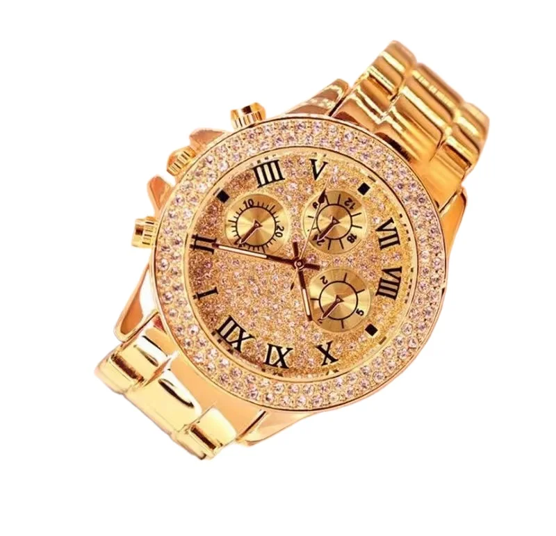 

New steel belt men's and women's watches fashion rhinestone flash diamond table local gold women's watch